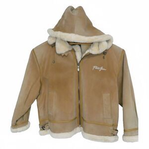 Vtg Phat Farm Suede Bomber Jacket Men's 5XL Heavy Faux Fur Lined Tan Leather